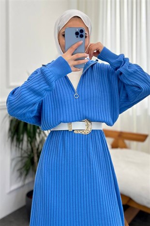 Fermuarlı Triko Elbise Mavi
