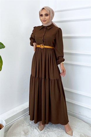 Hasır Kemerli Bürümcük Elbise Kahverengi