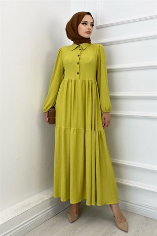 Hasır Kemerli Bürümcük Elbise Yağ Yeşili
