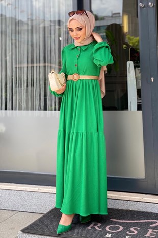Hasır Kemerli Bürümcük Elbise Zümrüt Yeşili