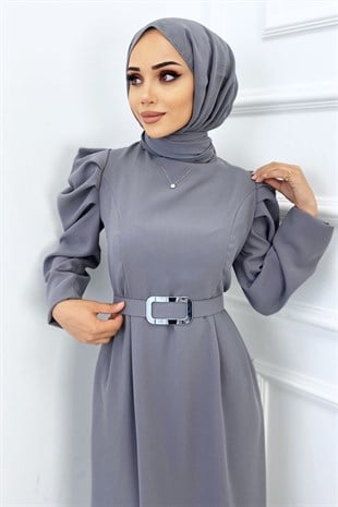 Omzu Fırfırlı Kemerli Elbise-Gri