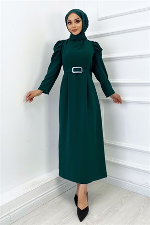 Omzu Fırfırlı Kemerli Elbise-Haki