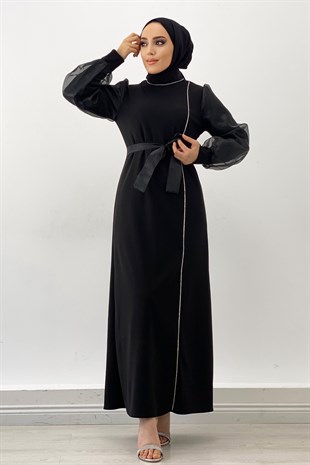 Organze Tül Kuşaklı Elbise-Siyah