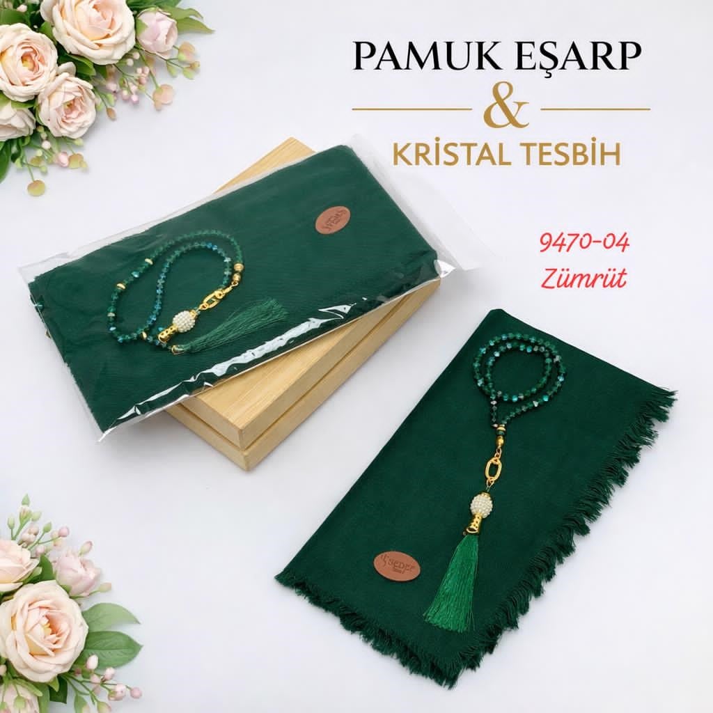 Pamuk Eşarp Kristal Tesbih Set