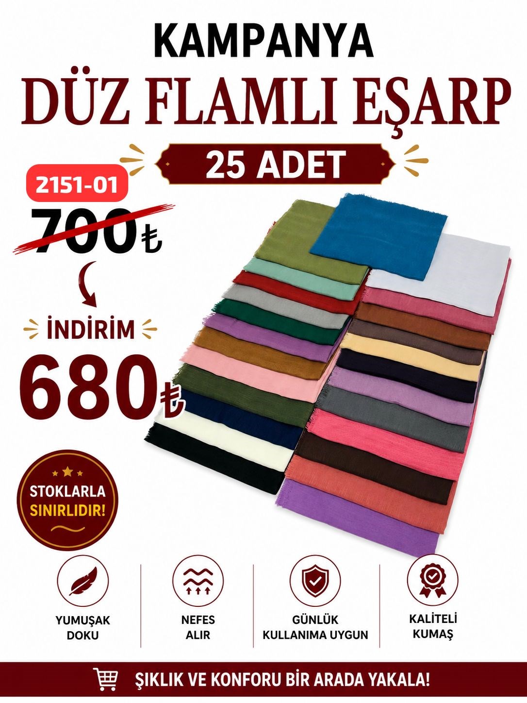 Kampanyalı Düz  Flamlı Eşarp