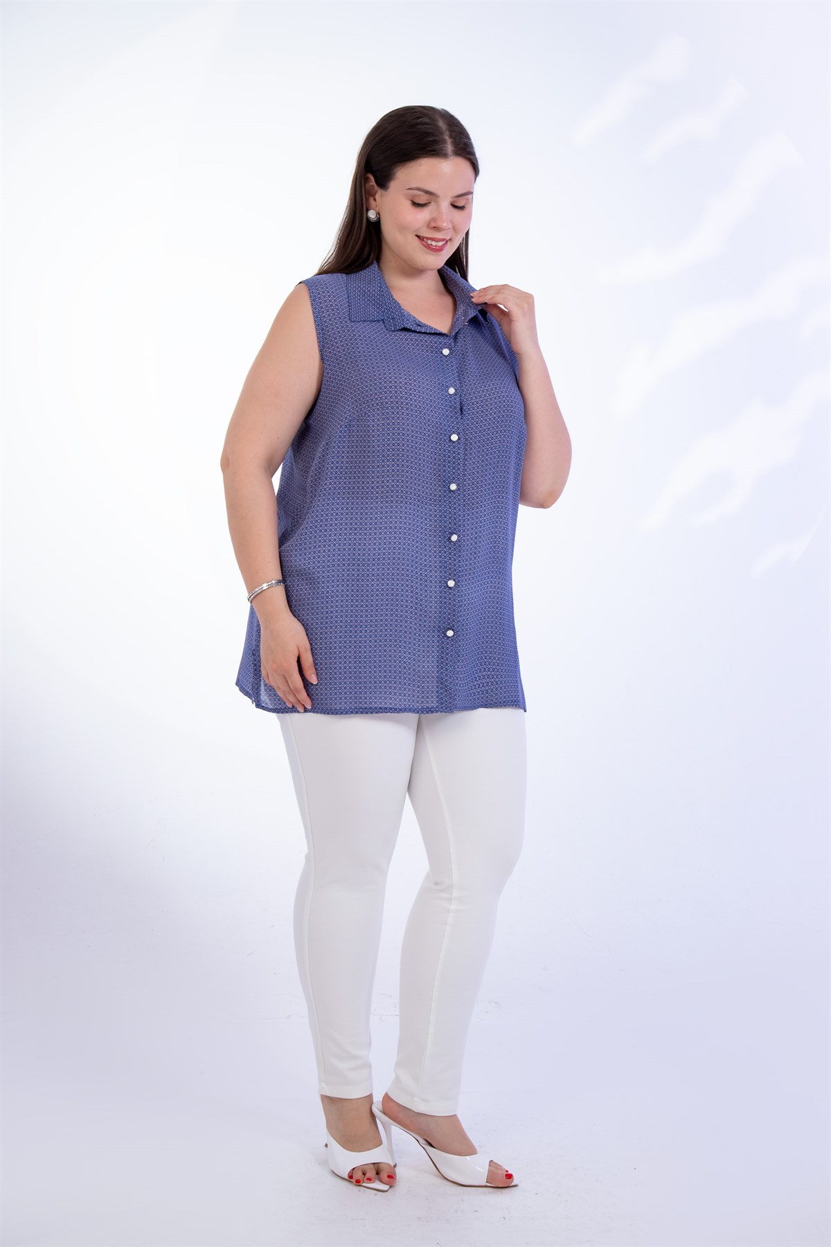 Büyük Beden 1110531 Desenli Kolsuz Bluz Indigo