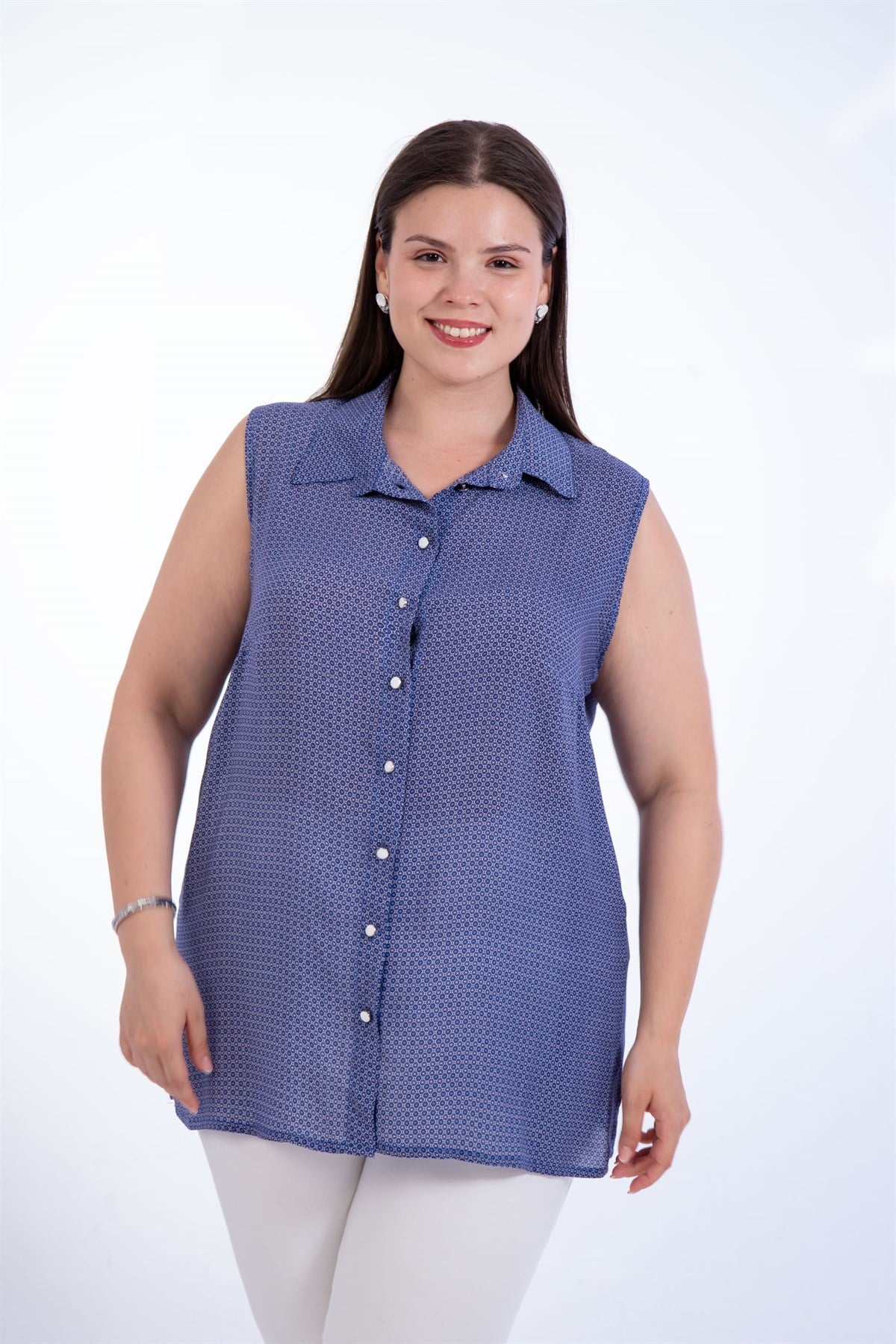 Büyük Beden 1110531 Desenli Kolsuz Bluz Indigo