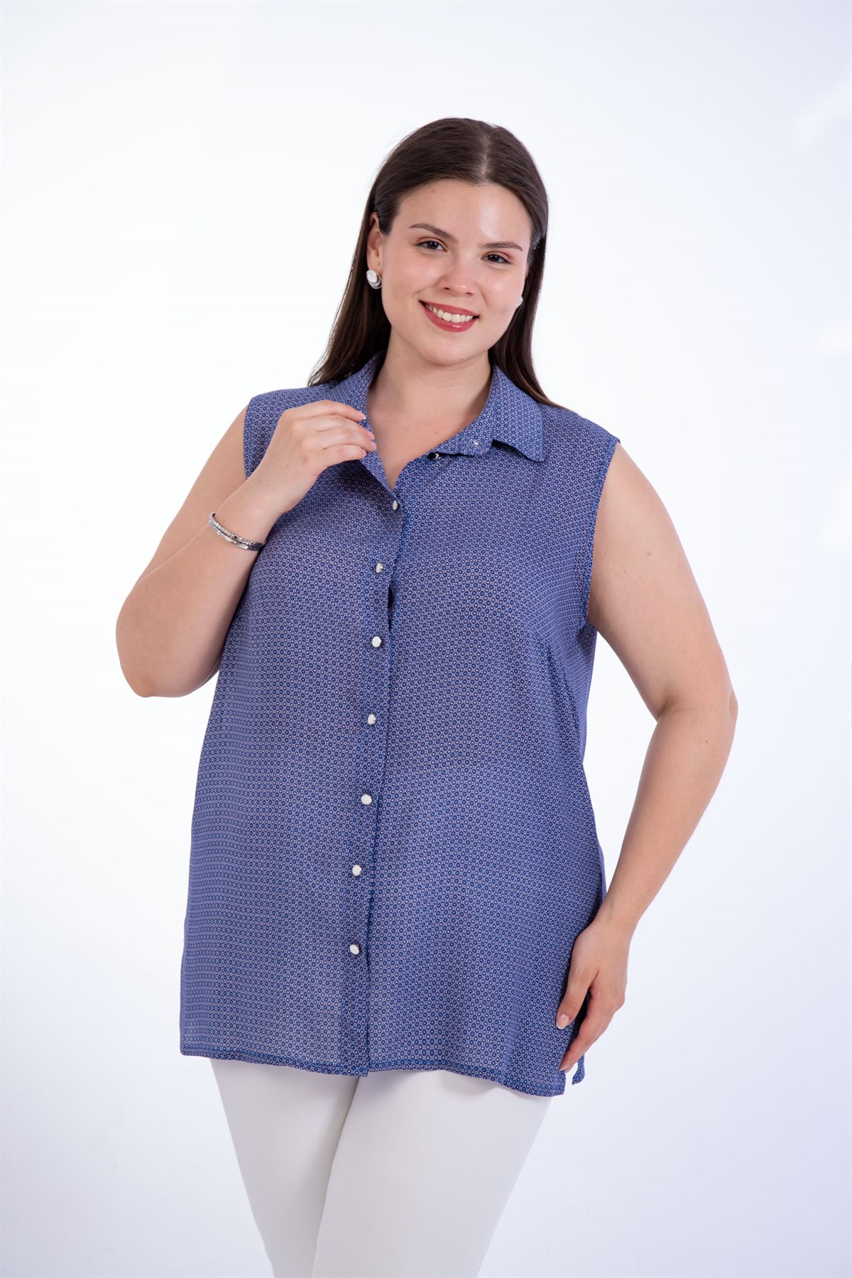Büyük Beden 1110531 Desenli Kolsuz Bluz Indigo