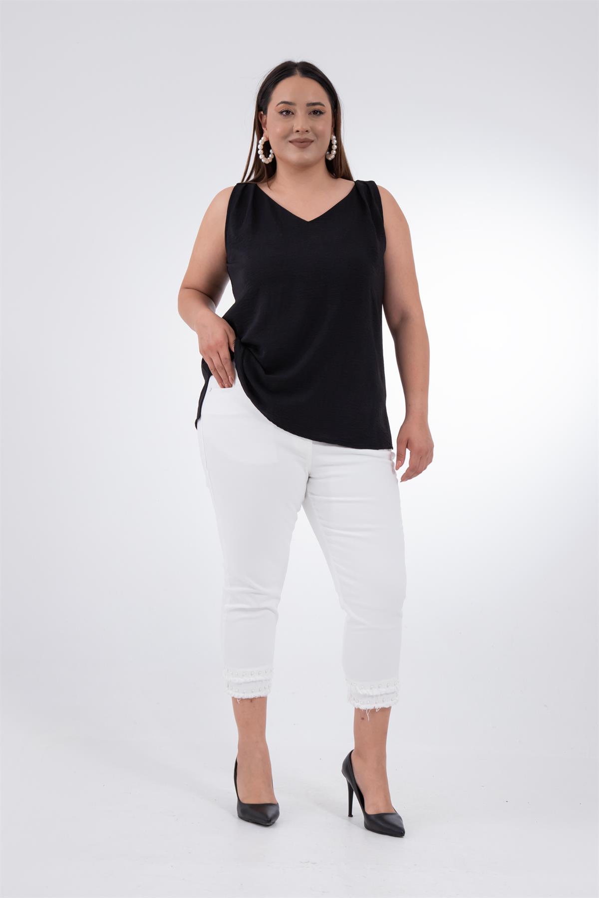 Büyük Beden 1111034 İncili-Püsküllü Pantolon  Beyaz