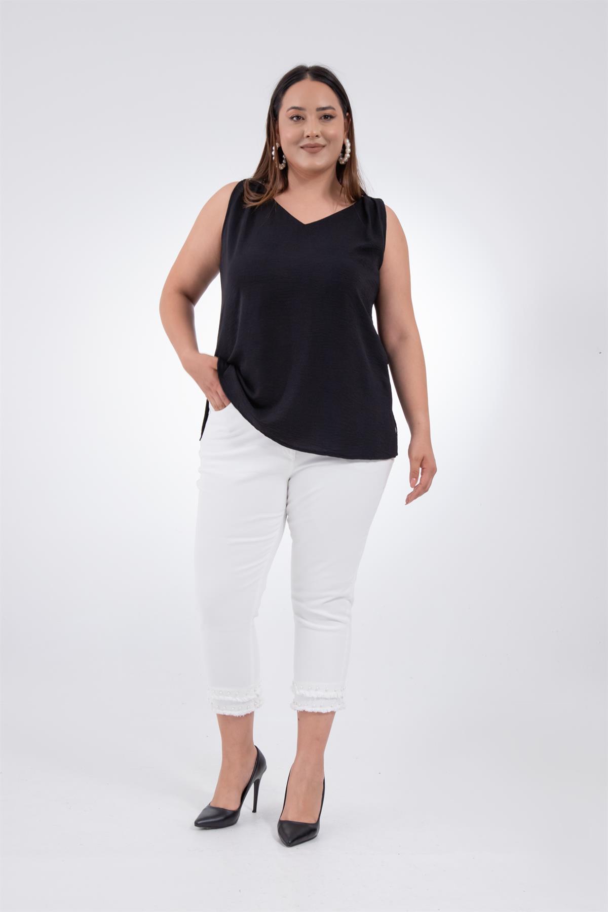 Büyük Beden 1111034 İncili-Püsküllü Pantolon  Beyaz