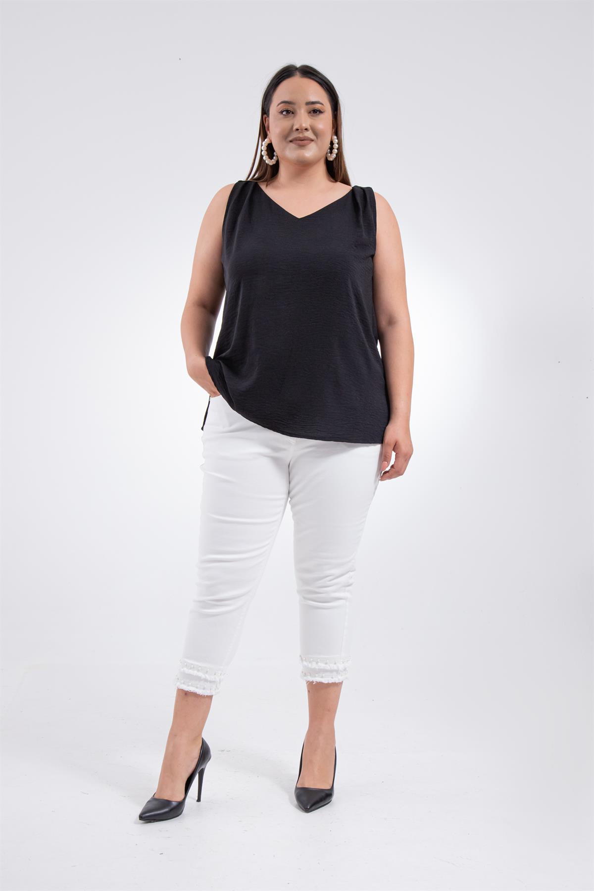 Büyük Beden 1111034 İncili-Püsküllü Pantolon  Beyaz