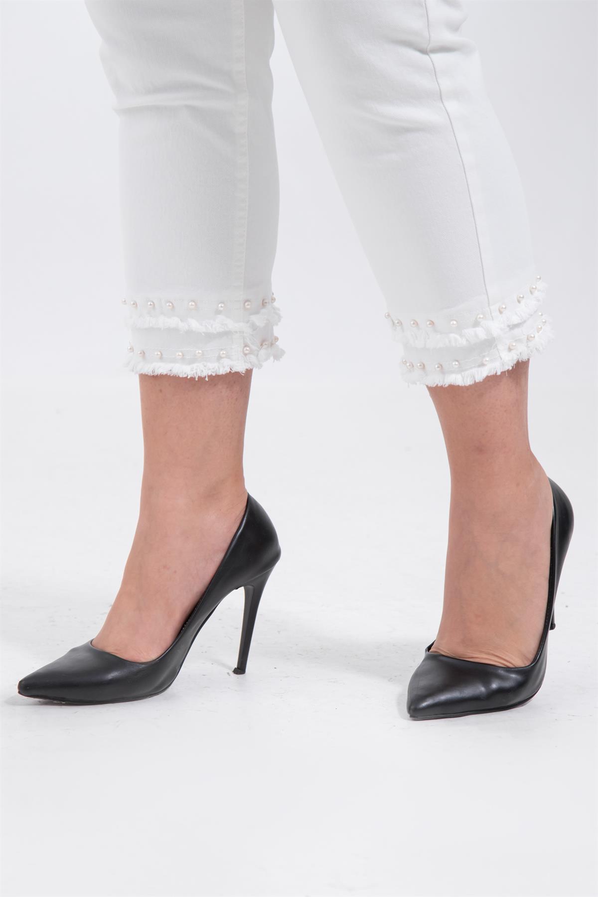 Büyük Beden 1111034 İncili-Püsküllü Pantolon  Beyaz