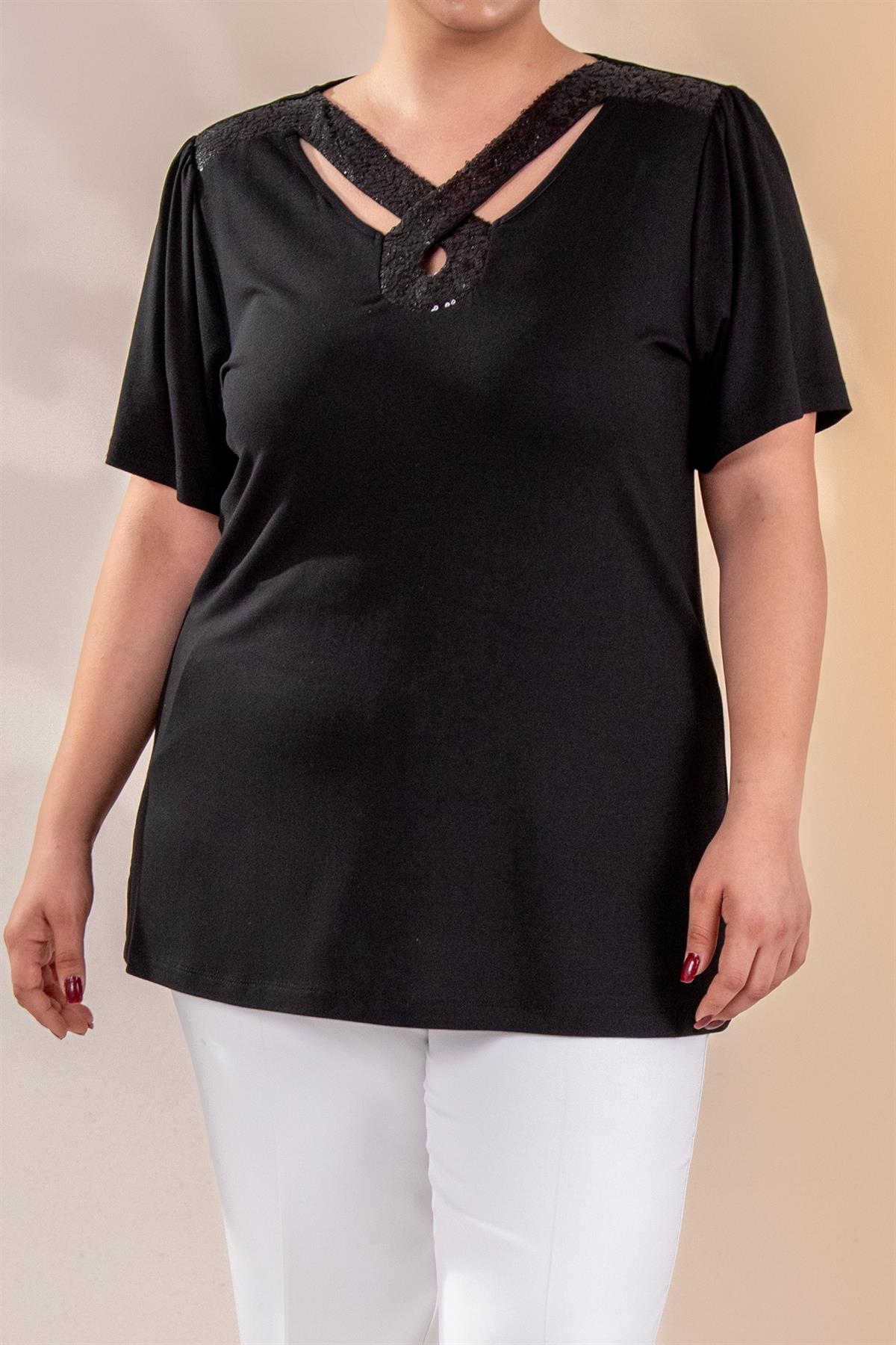 Büyük Beden 1111048 Yaka Pul Payet Detaylı Bluz  Siyah