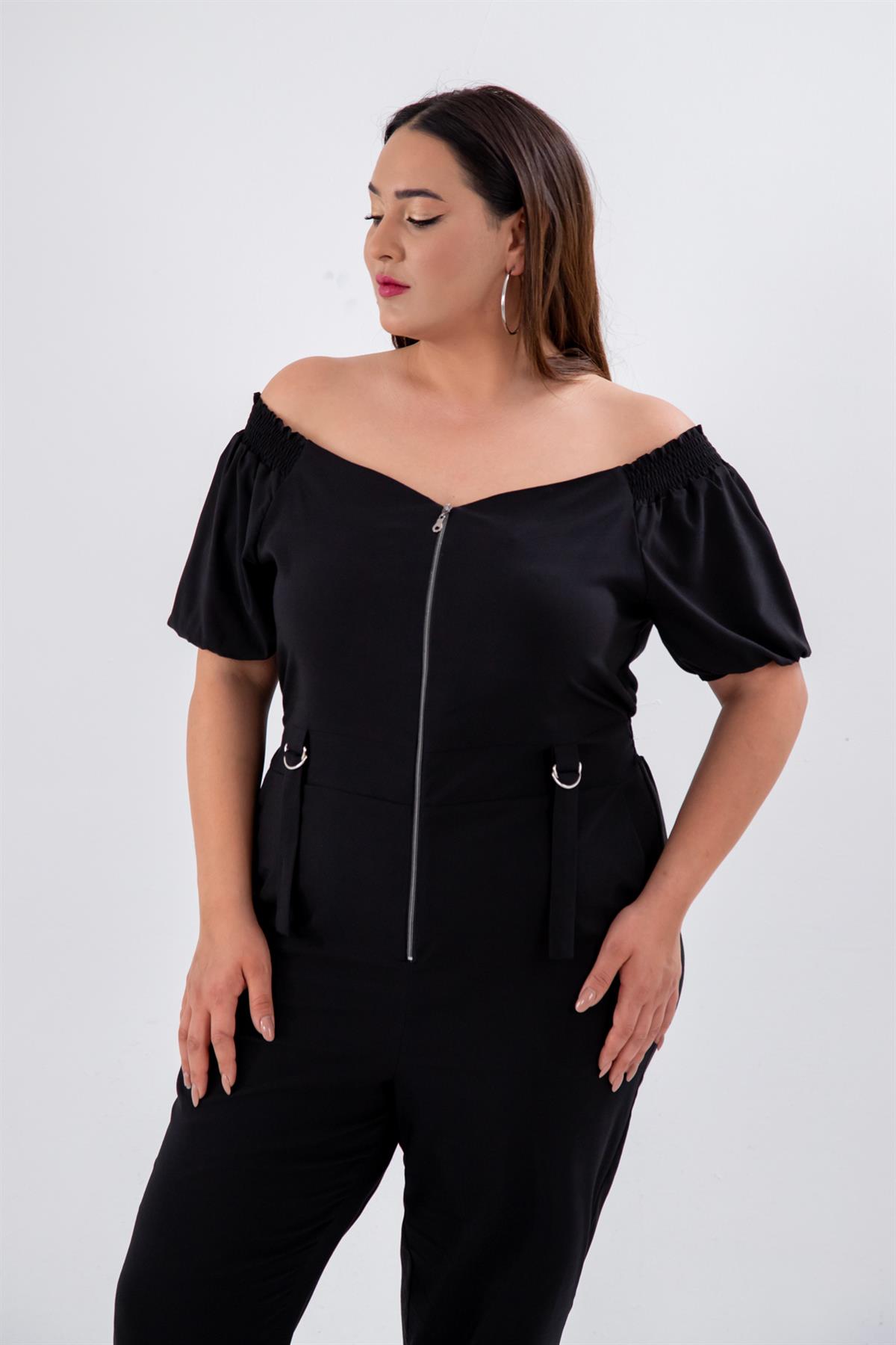 Büyük Beden 1111050 Önü Fermuarlı Tulum Siyah