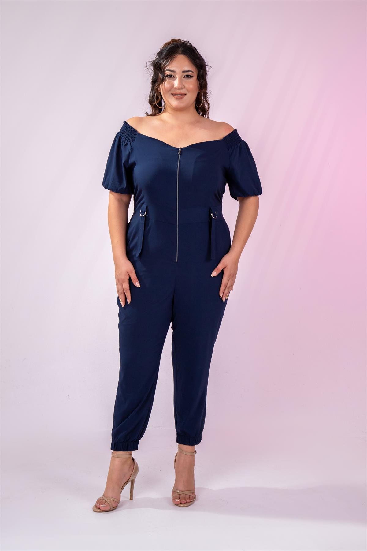 Büyük Beden 1111050 Önü Fermuarlı Tulum Lacivert