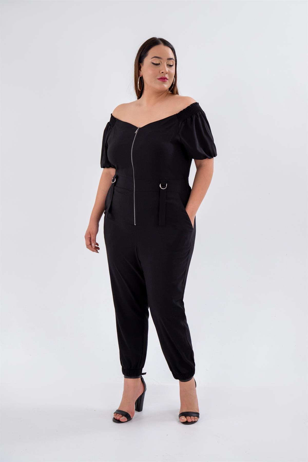 Büyük Beden 1111050 Önü Fermuarlı Tulum Siyah