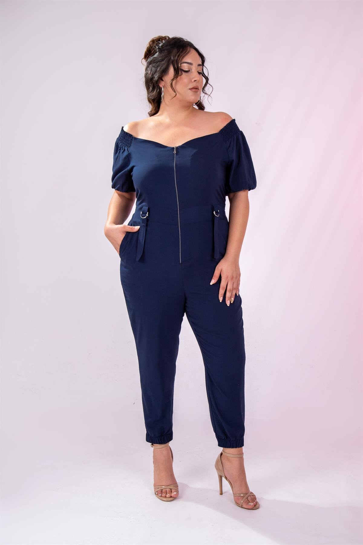 Büyük Beden 1111050 Önü Fermuarlı Tulum Lacivert