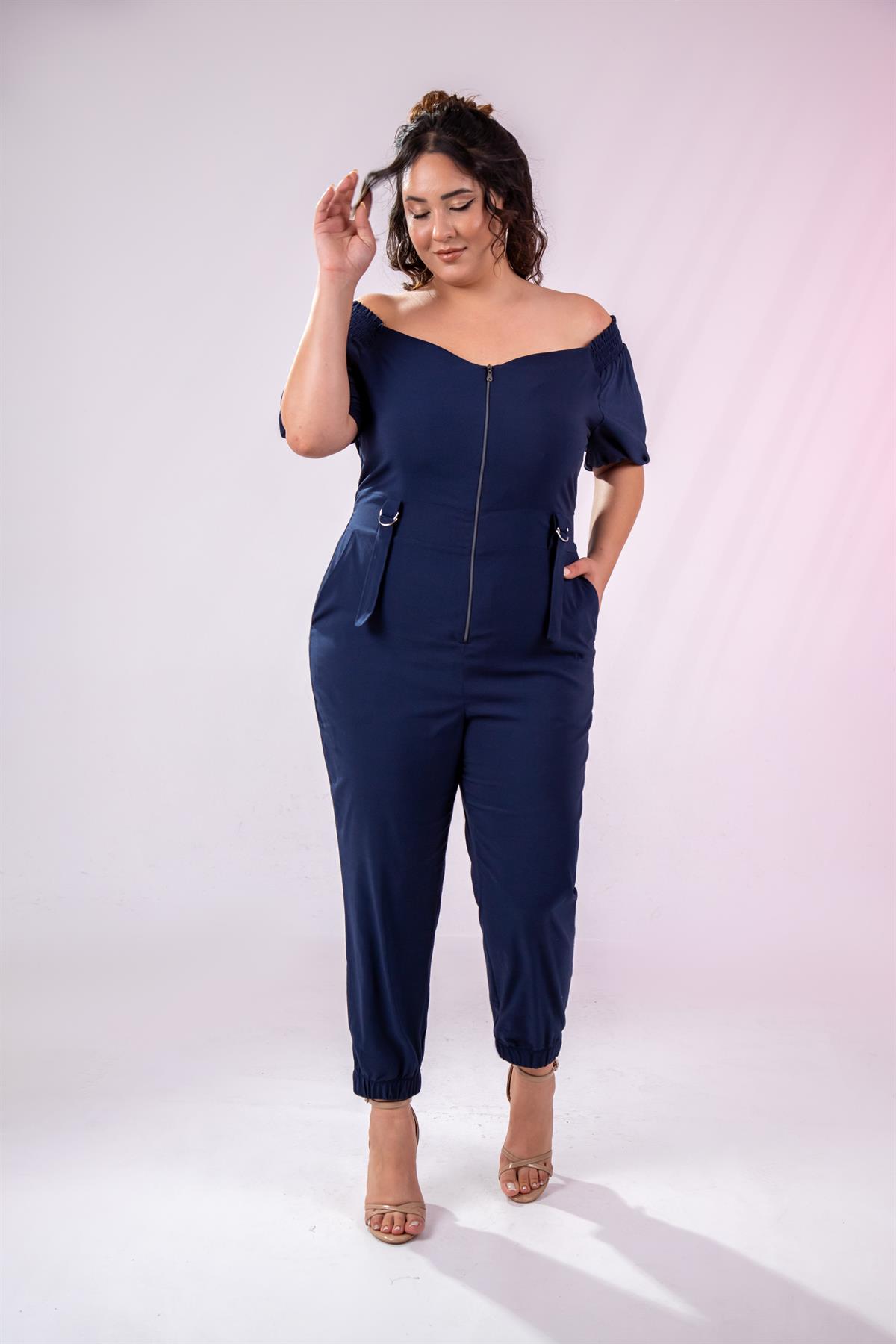 Büyük Beden 1111050 Önü Fermuarlı Tulum Lacivert