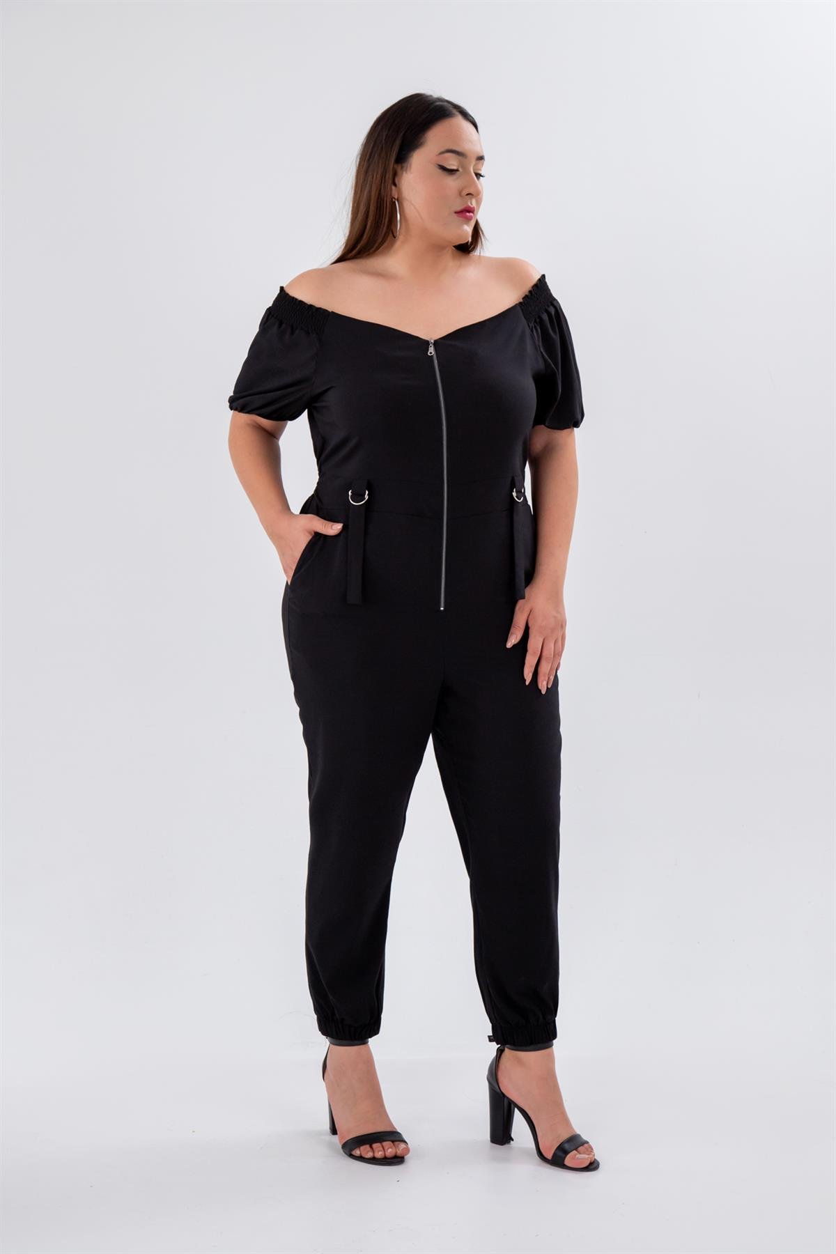 Büyük Beden 1111050 Önü Fermuarlı Tulum Siyah