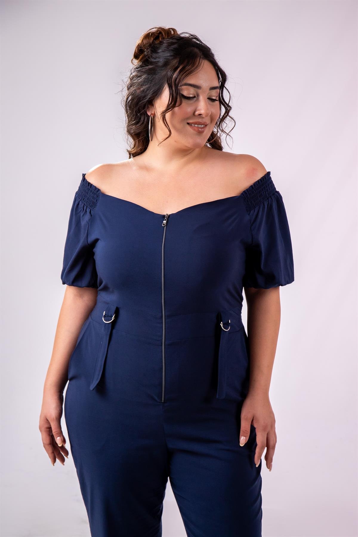 Büyük Beden 1111050 Önü Fermuarlı Tulum Lacivert