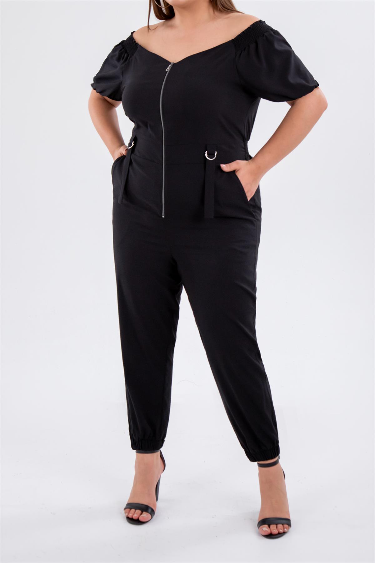 Büyük Beden 1111050 Önü Fermuarlı Tulum Siyah