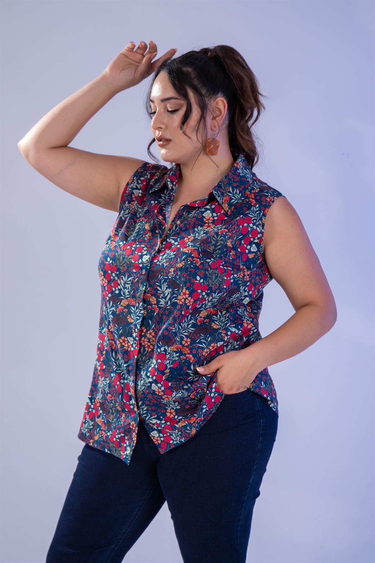 Büyük Beden 1111053 Kolsuz Gömlek  Lacivert