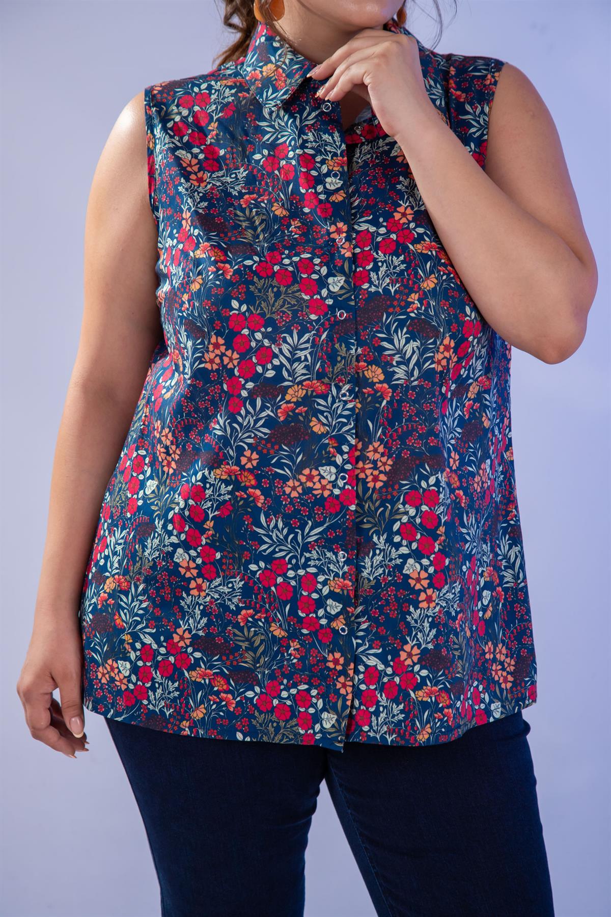 Büyük Beden 1111053 Kolsuz Gömlek  Lacivert