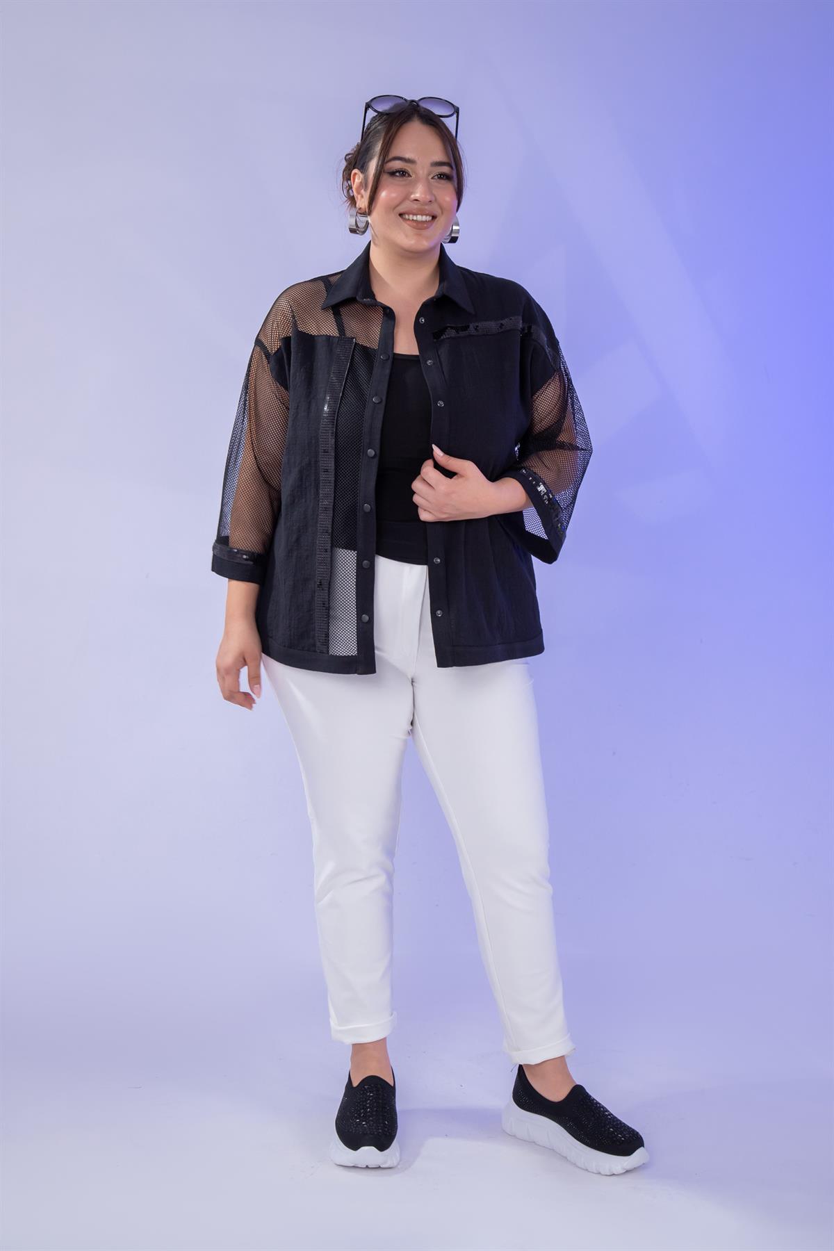 Büyük Beden 1111054 File Detaylı Gömlek  Siyah