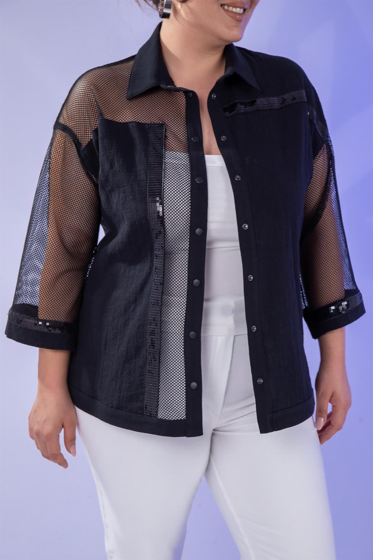 Büyük Beden 1111054 File Detaylı Gömlek  Siyah