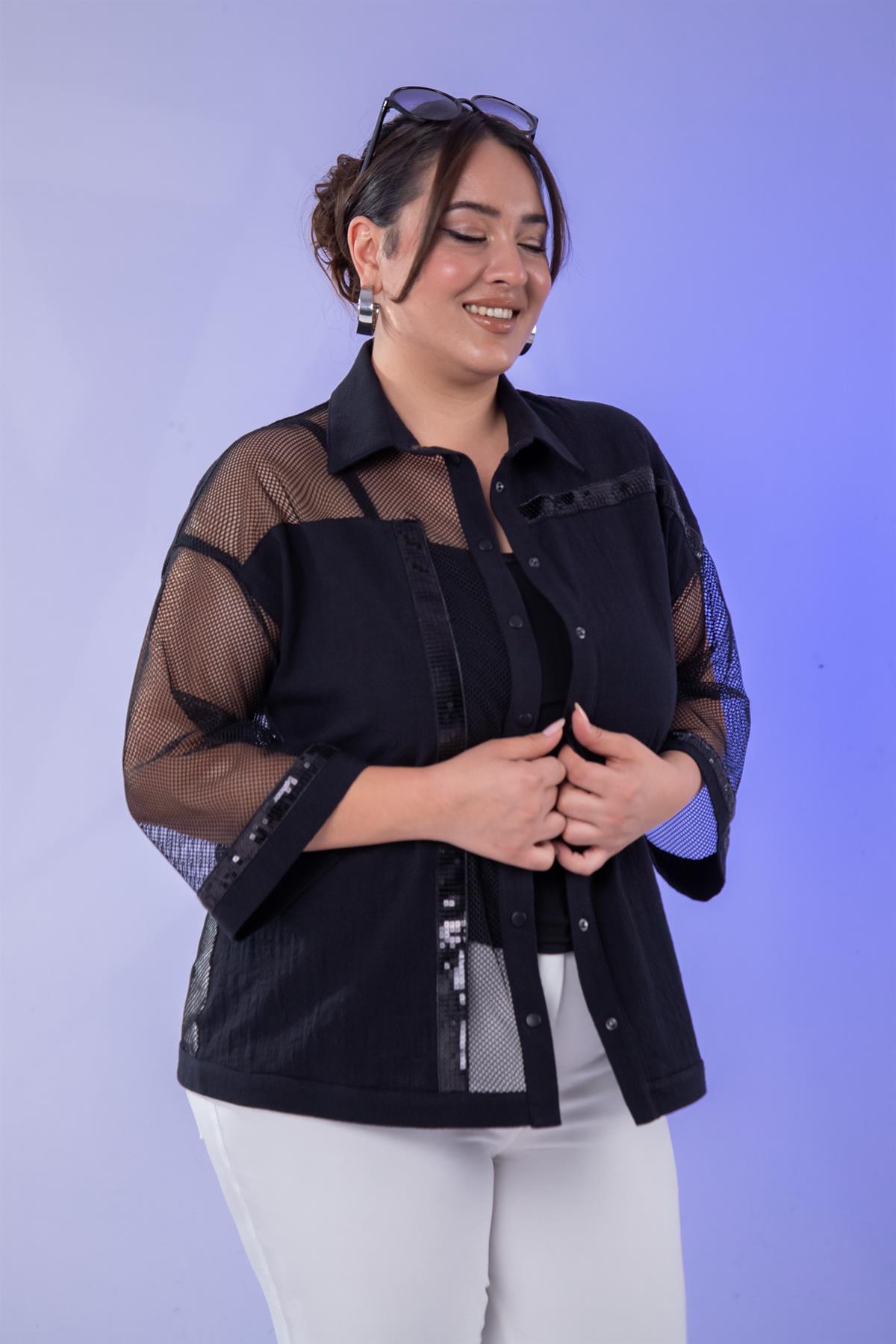 Büyük Beden 1111054 File Detaylı Gömlek  Siyah