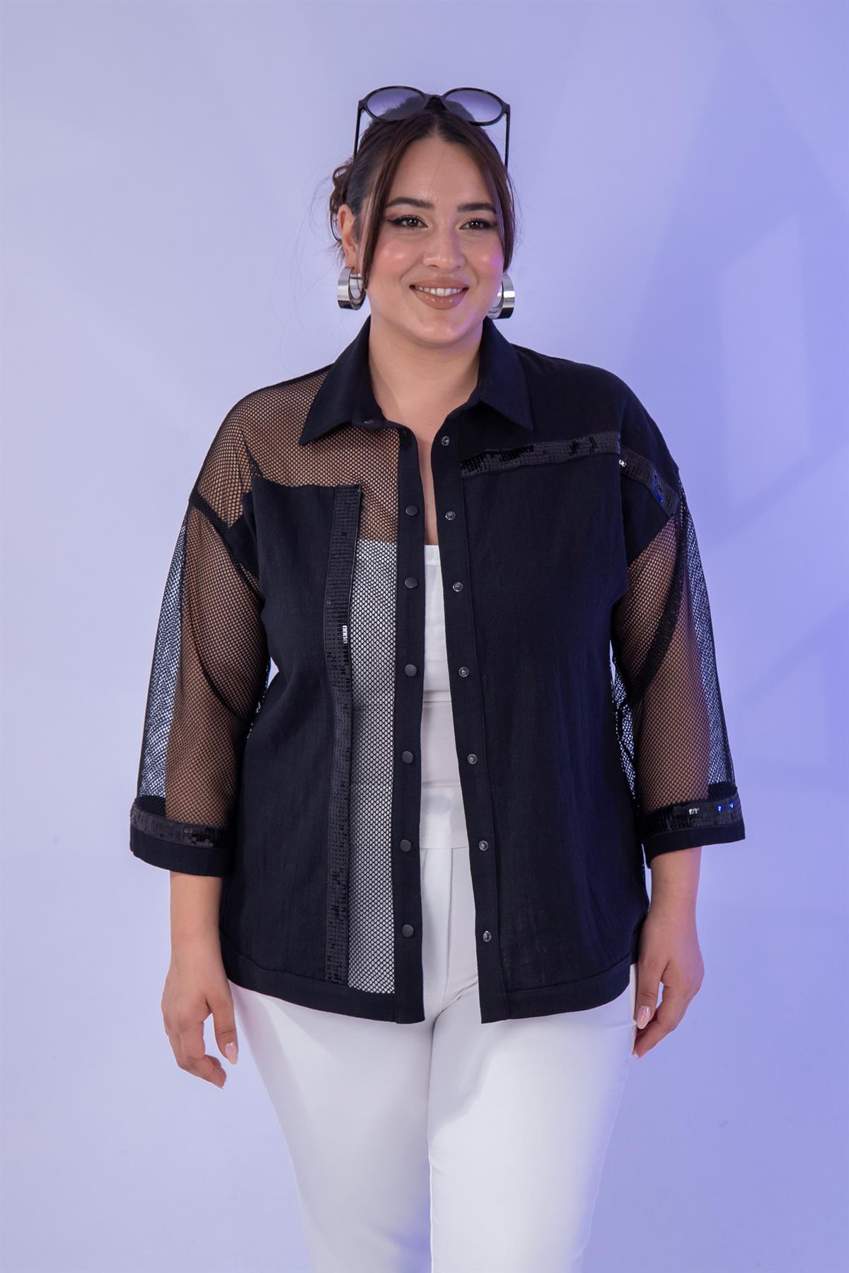 Büyük Beden 1111054 File Detaylı Gömlek  Siyah