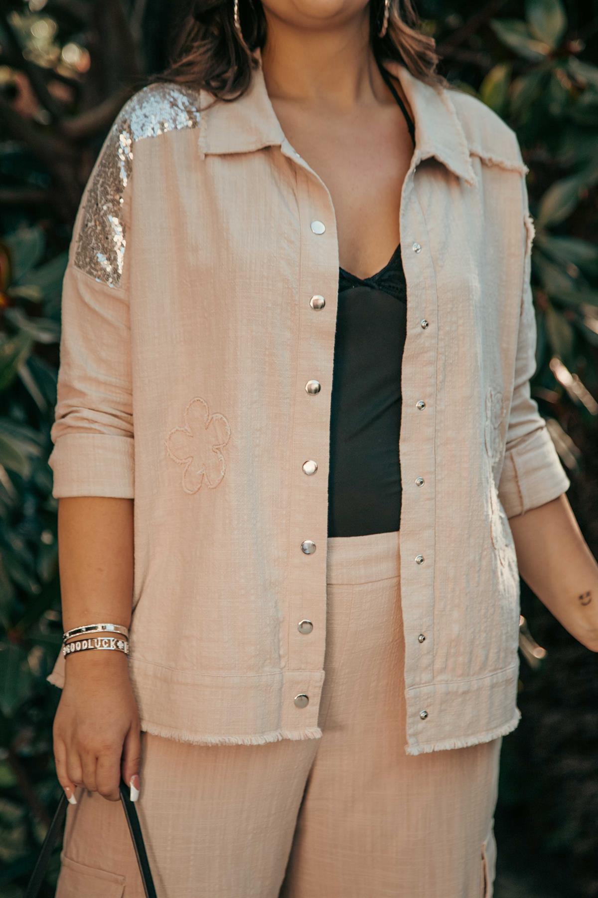 Büyük Beden 1111055 Pul Payet Detaylı Ceket Bej