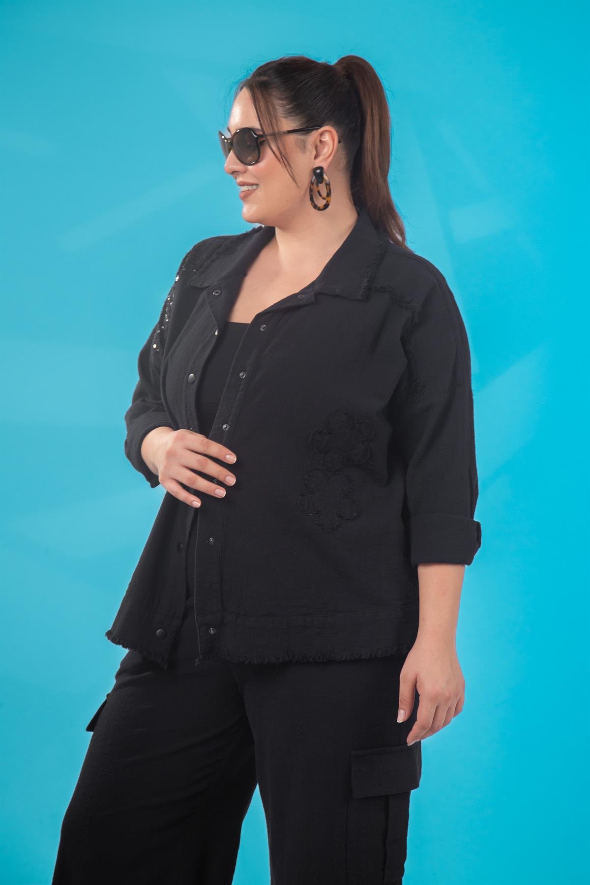 Büyük Beden 1111055 Pul Payet Detaylı Ceket Siyah