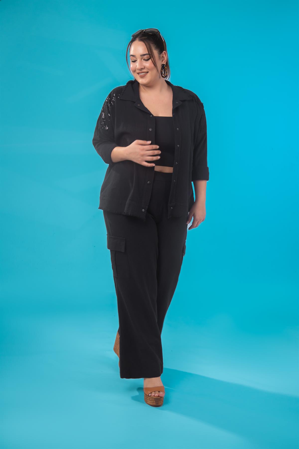 Büyük Beden 1111055 Pul Payet Detaylı Ceket Siyah