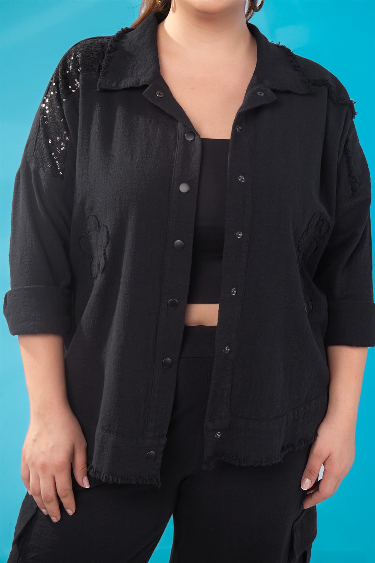 Büyük Beden 1111055 Pul Payet Detaylı Ceket Siyah