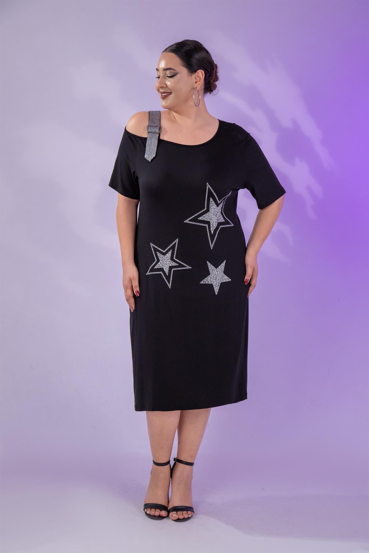 Büyük Beden 1111058 Yıldız Taşlı Abiye  Elbise  Siyah