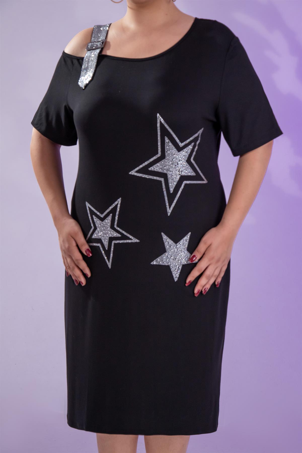 Büyük Beden 1111058 Yıldız Taşlı Abiye  Elbise  Siyah
