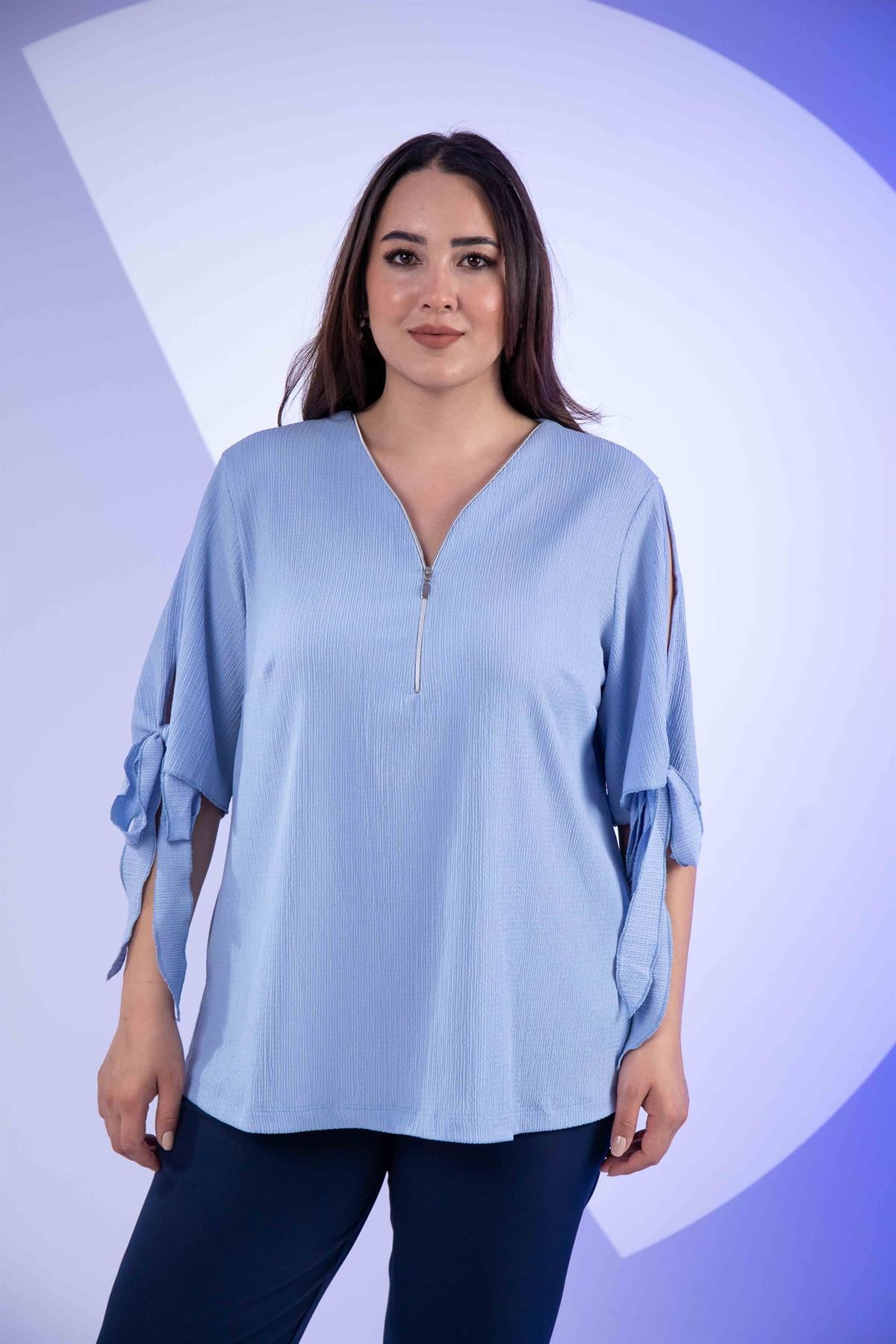 Büyük Beden 1112048 Bürümcüklü Fermuarlı Bluz Açık Mavi