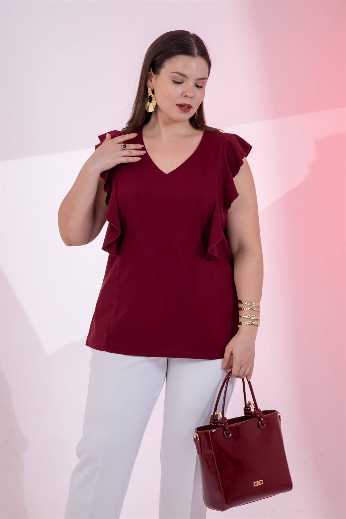 Büyük Beden 1112056 Volanlı Bluz Bordo