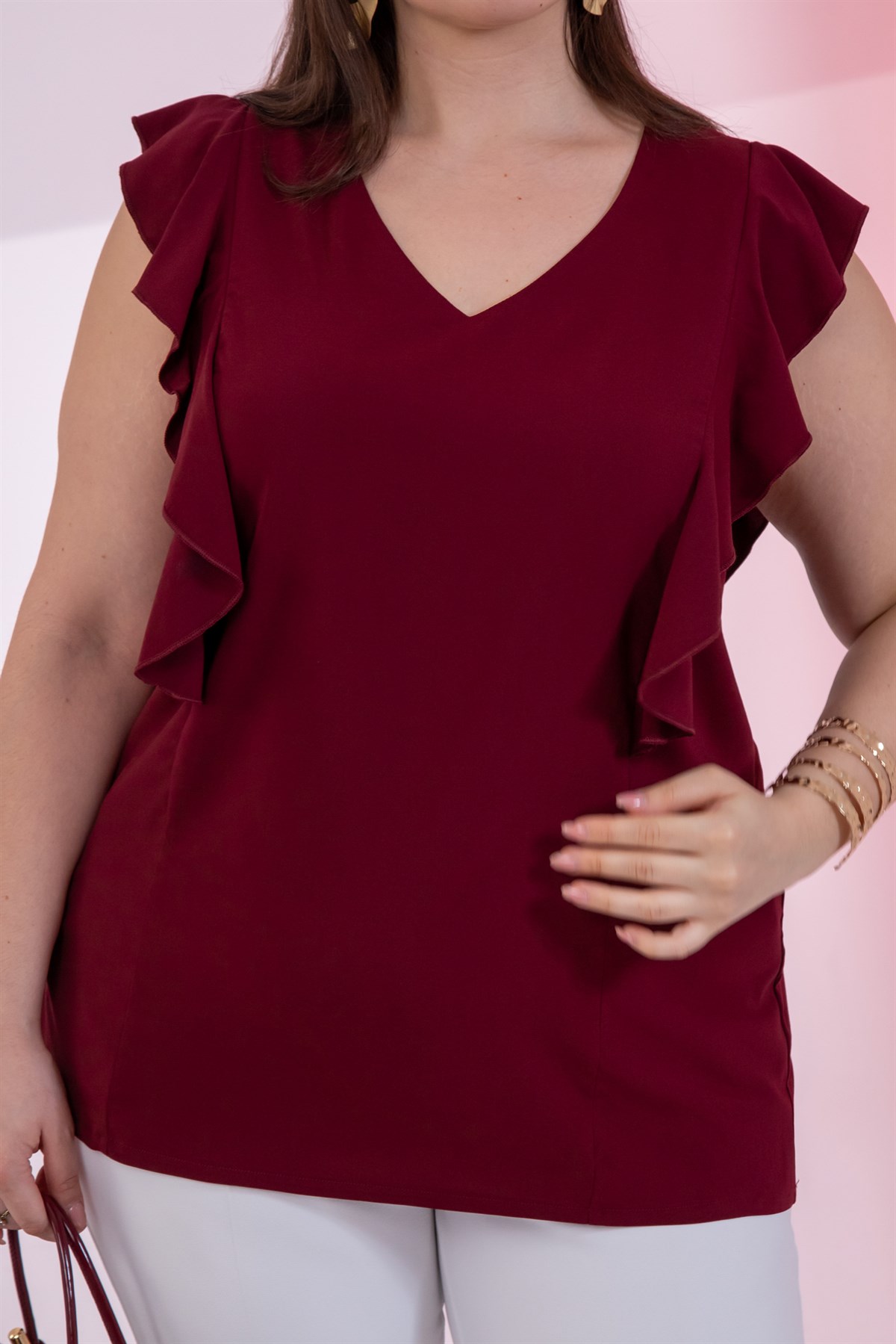 Büyük Beden 1112056 Volanlı Bluz Bordo
