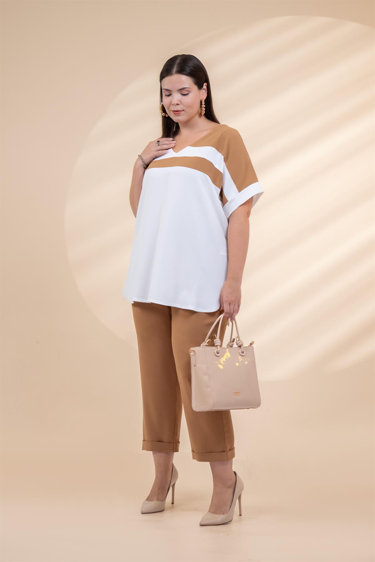 Büyük Beden 111208687 V Yaka Garnili Takım Camel