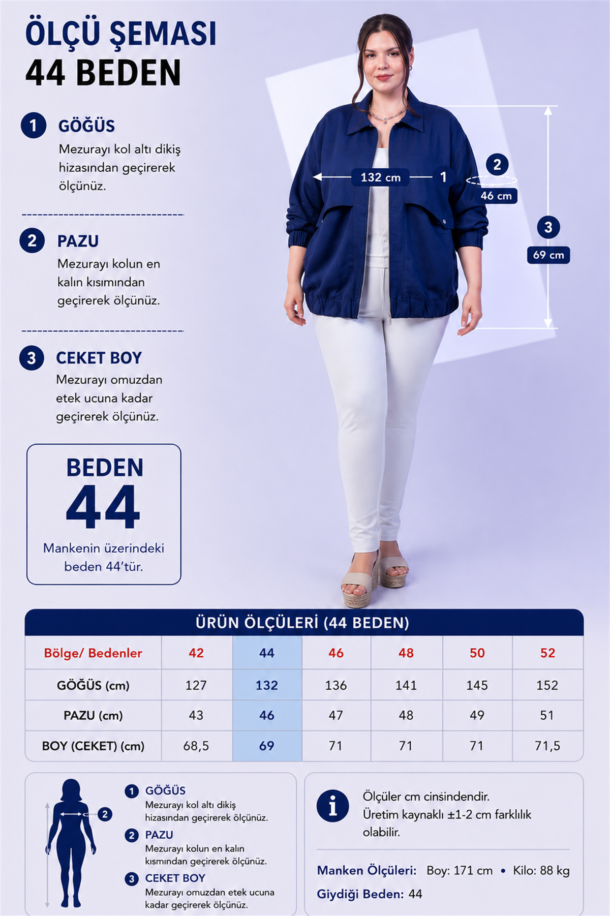 Büyük Beden 111263035 Fermuarlı Cep Detaylı Ceket Lacivert