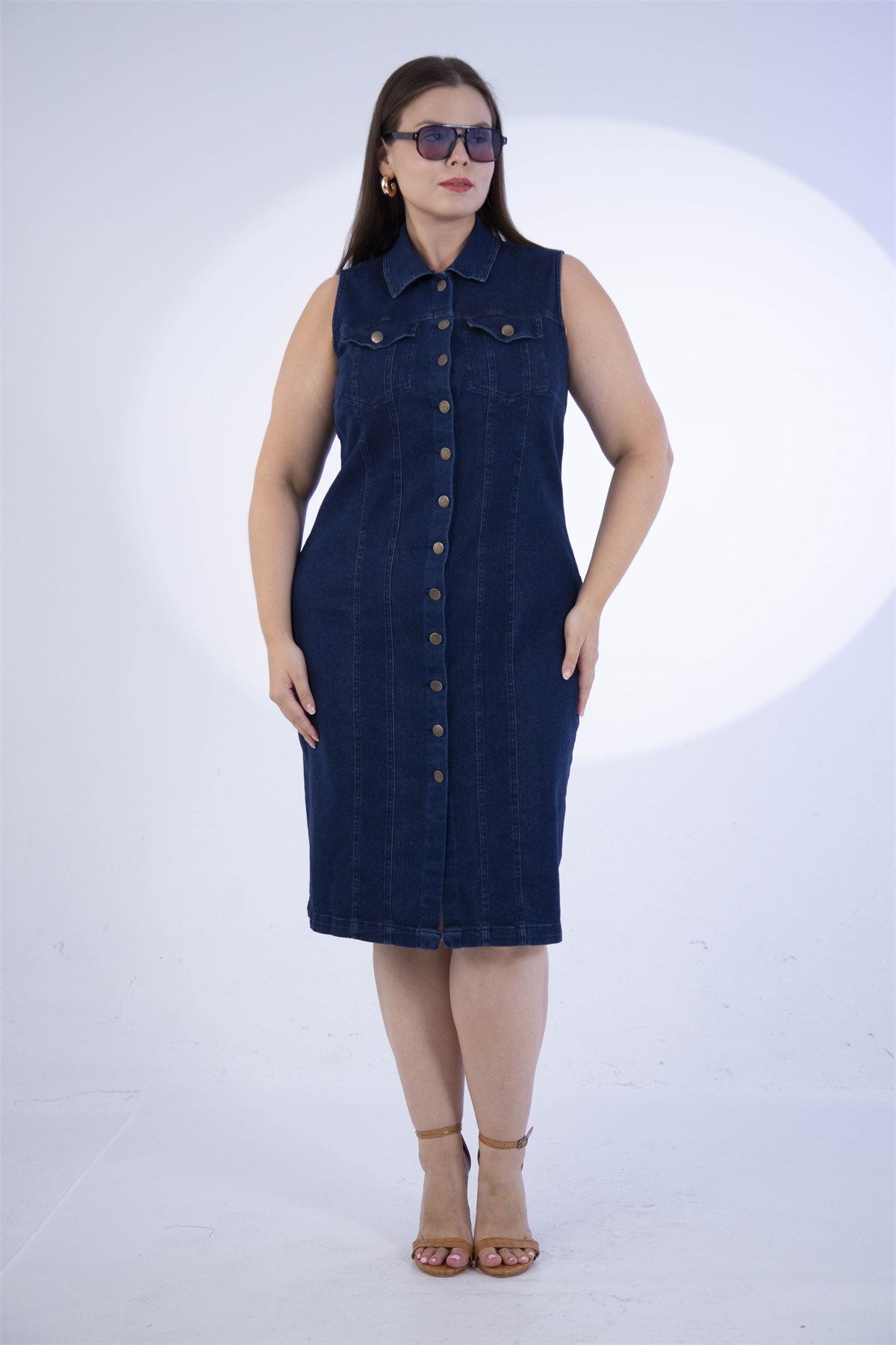 Büyük Beden 1113058 Kolsuz Düğmeli Denim Elbise  Lacivert