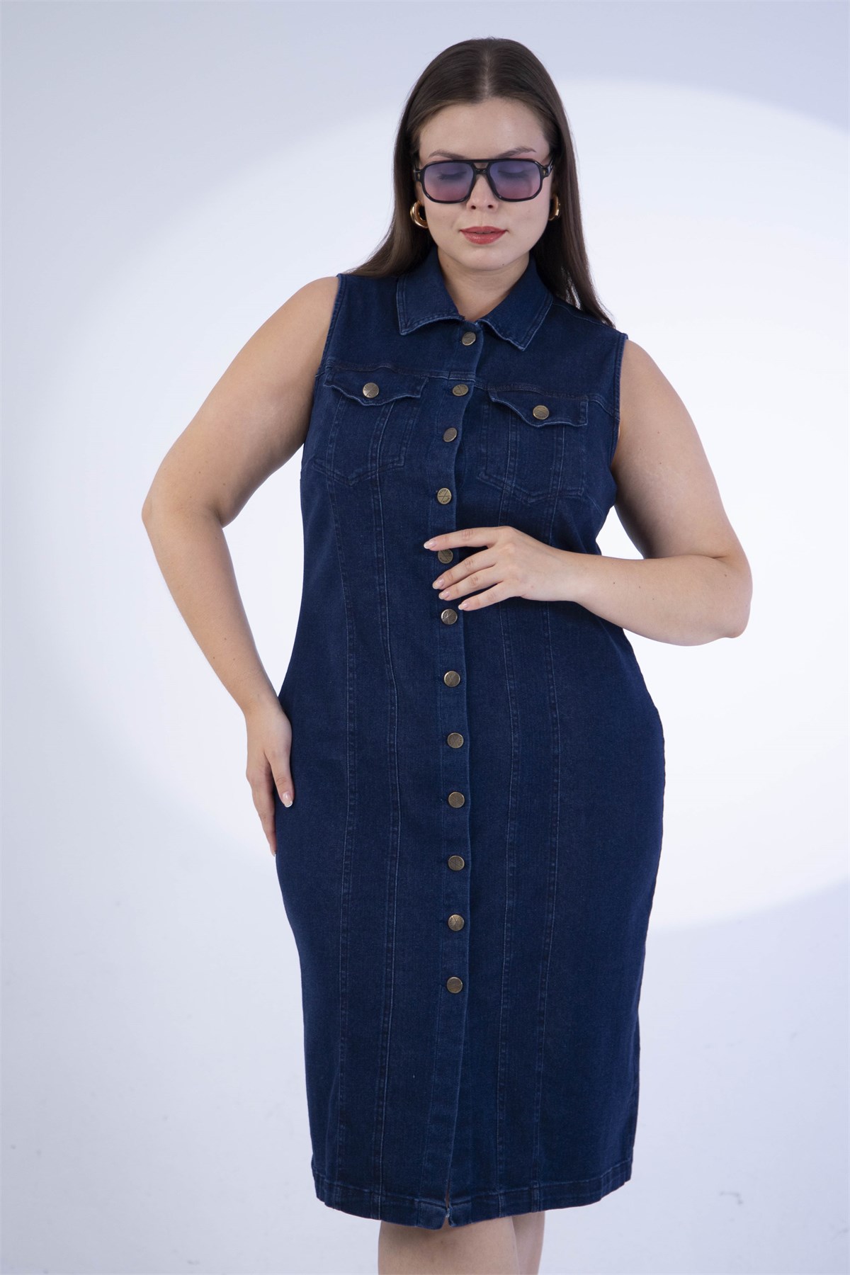 Büyük Beden 1113058 Kolsuz Düğmeli Denim Elbise  Lacivert