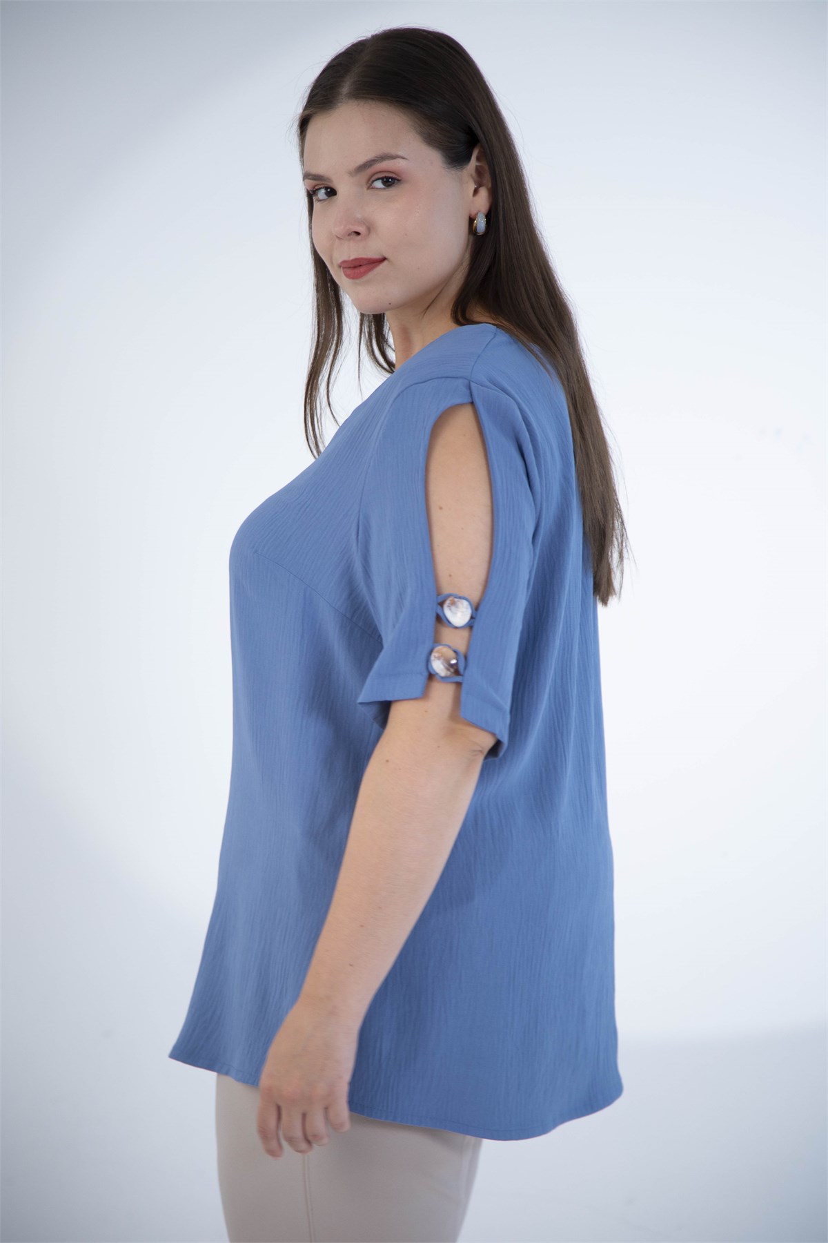 Büyük Beden 1113089 Kol Düğme Detaylı Bluz  İndigo