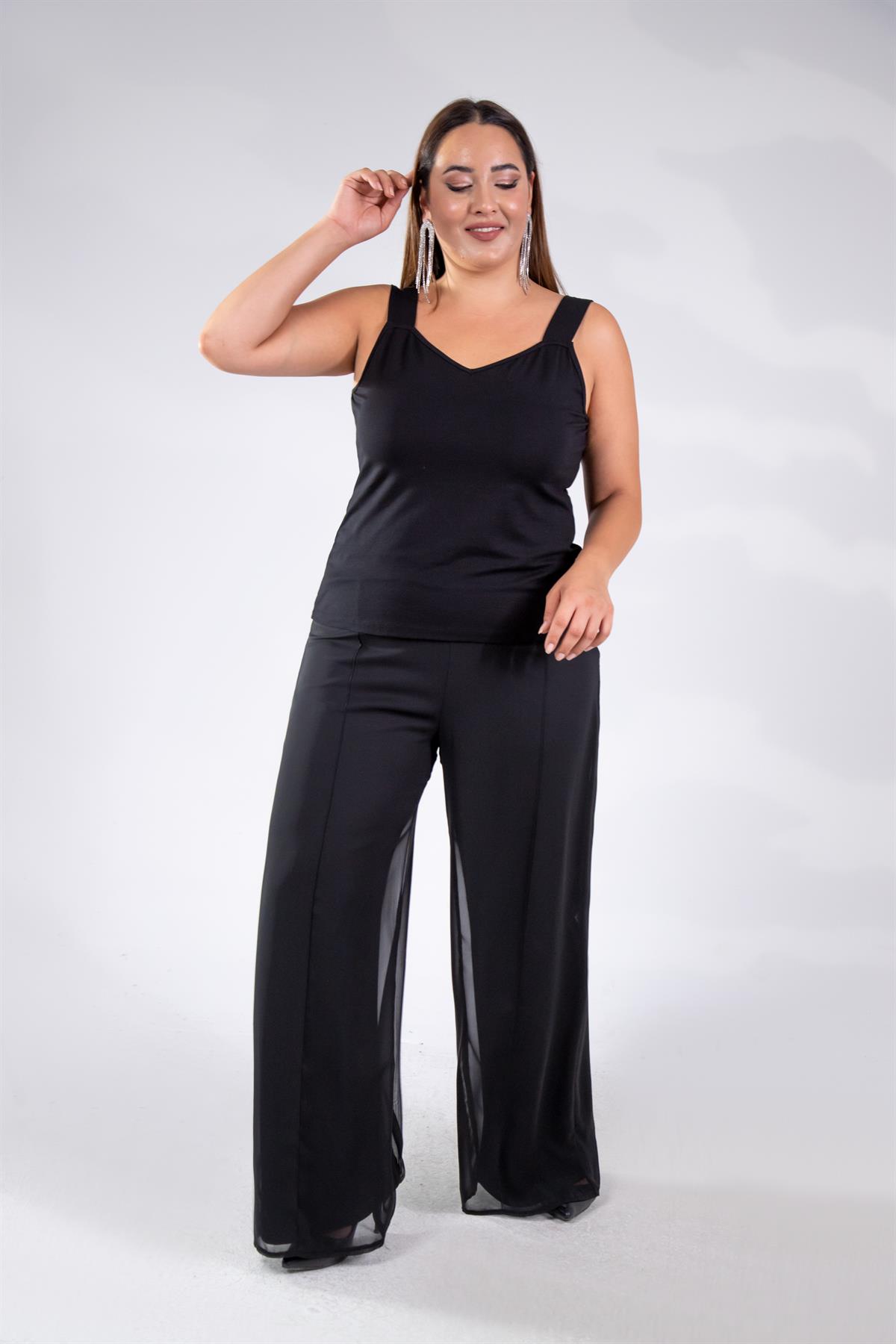 Büyük Beden 111398 Şifon Pantolon  Siyah