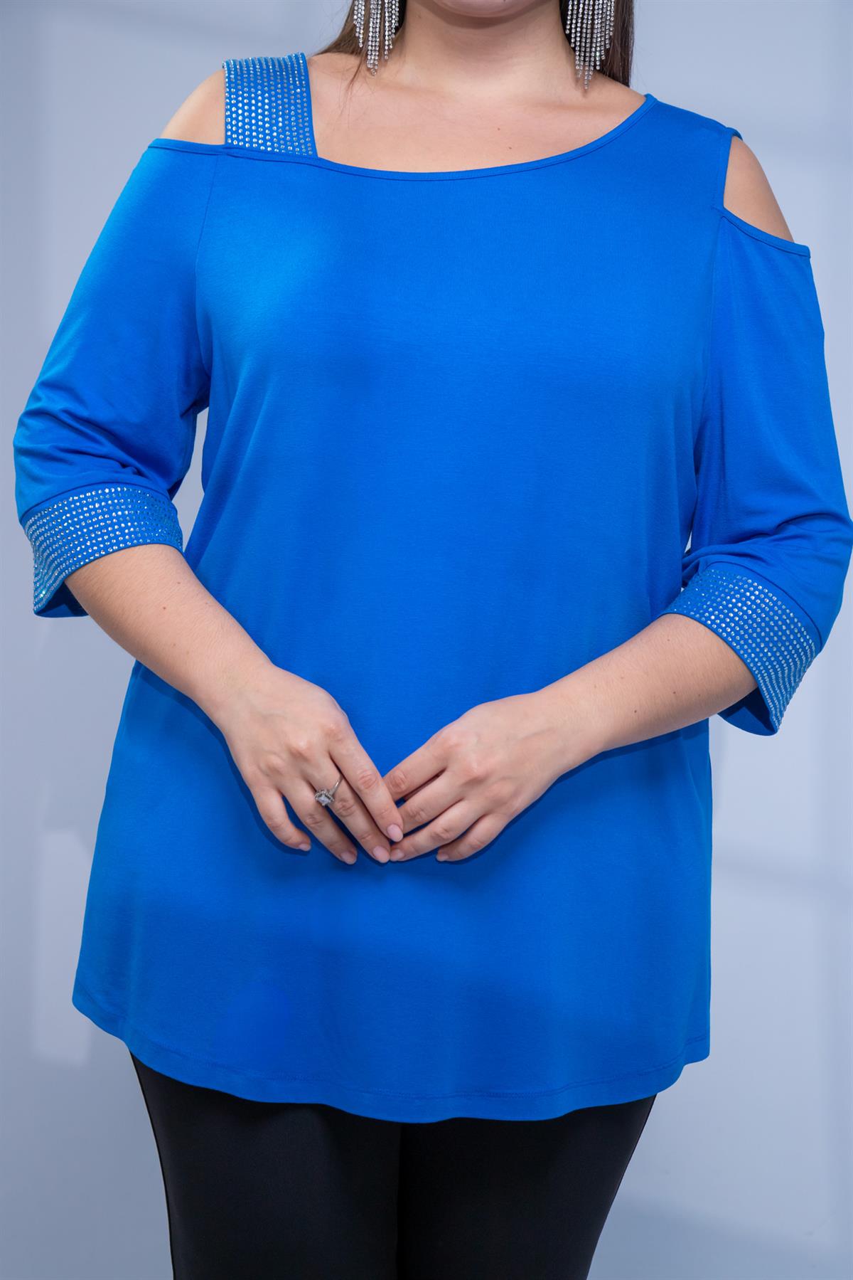 Büyük Beden 111950 Omuz Detaylı Taşlı Bluz Saks