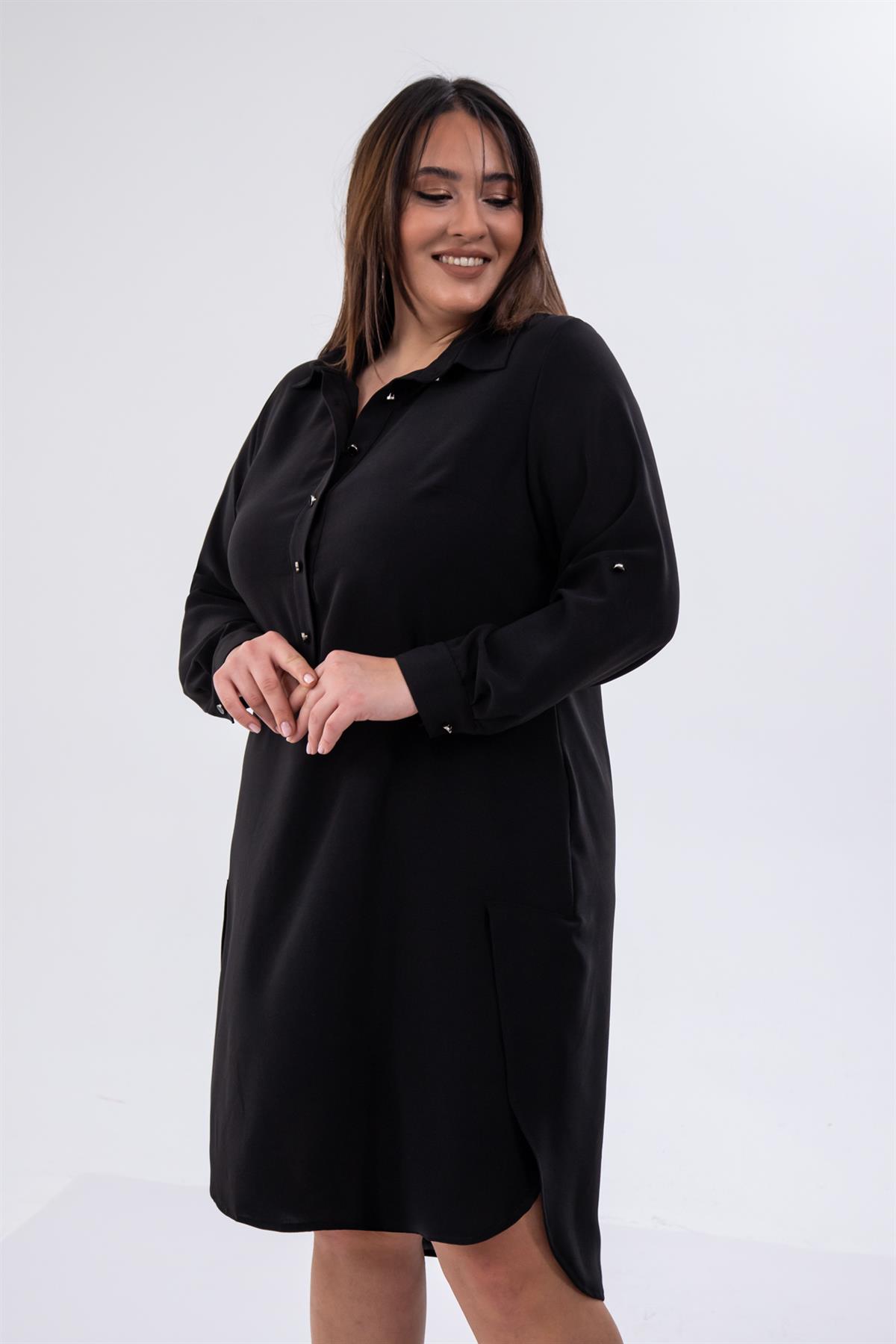 Büyük Beden 111955 Düğmeli-Yırtmaçlı Elbise  Siyah