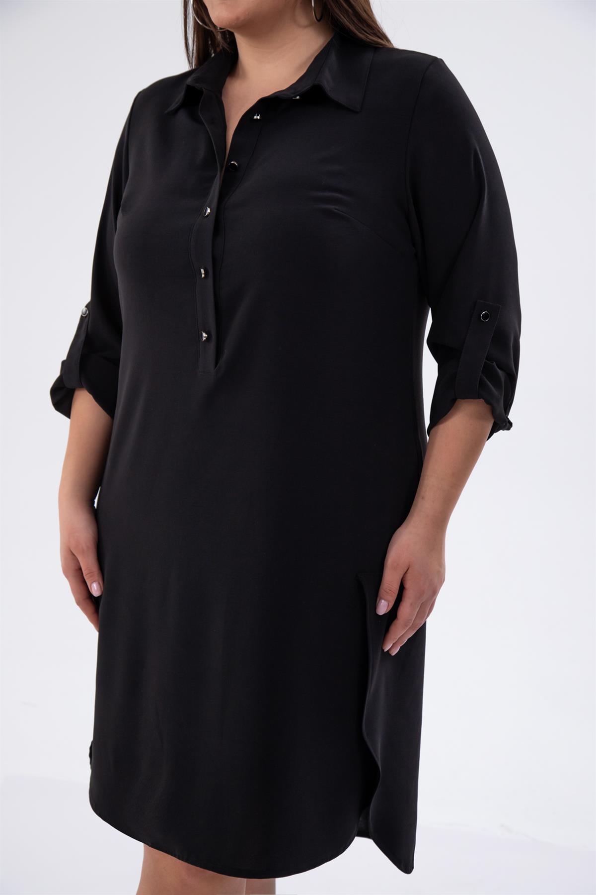Büyük Beden 111955 Düğmeli-Yırtmaçlı Elbise  Siyah