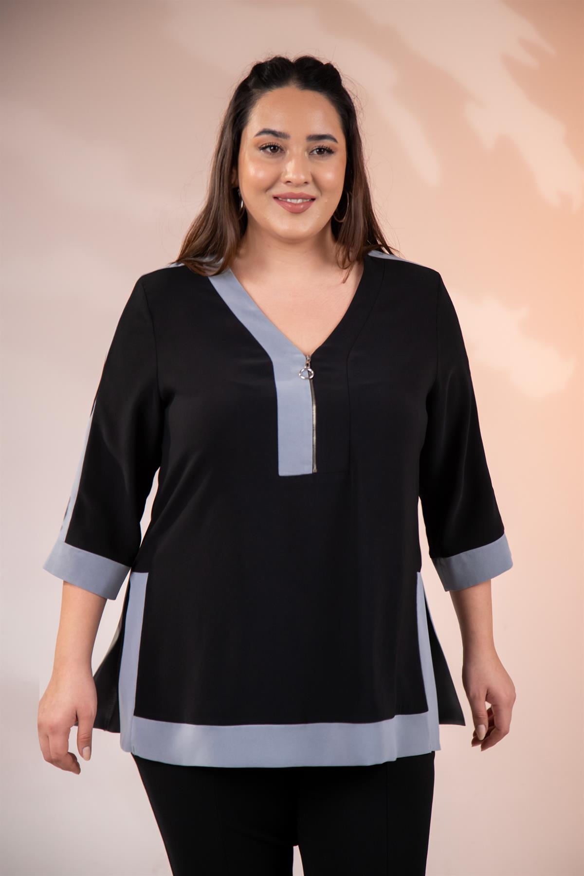 Büyük Beden 111961 Yaka Fermuarlı Garnili Bluz  Grı